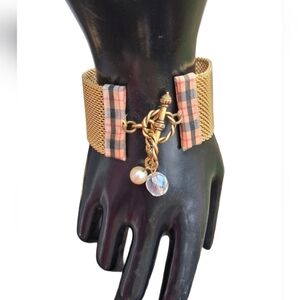 Vintage Gold Mesh Wide Cuff Bracelet with Nova Check Trim & Charms